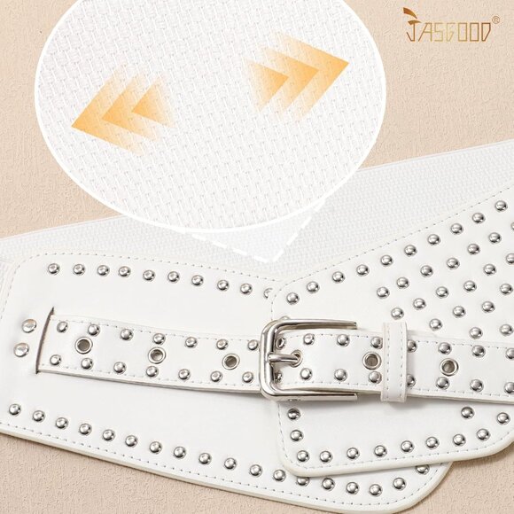 Women's Elastic Wide Belt Vintage Studded Stretchy Waist Belt Dress Pants White - Picture 3 of 5